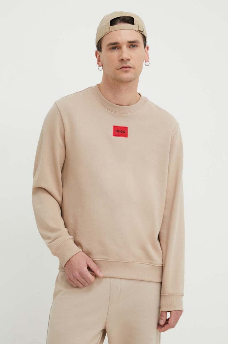 HUGO bluza bawełniana męska kolor beżowy z aplikacją