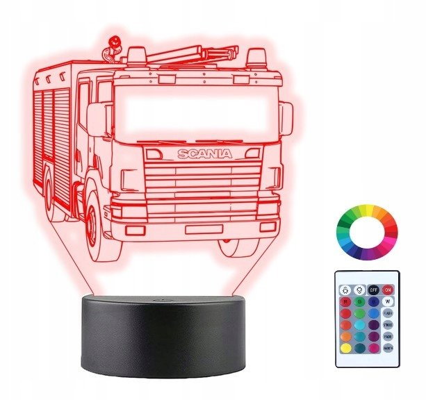 Lampka Nocna 3D Led Wóz Strażacki Scania Prezent Grawer