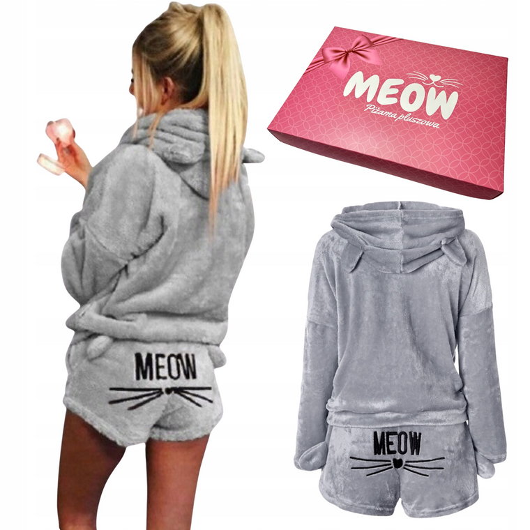 Piżama Pluszowa Damska Ciepła Dwuczęściowa Meow Komplet Bluza Shorty Kot M