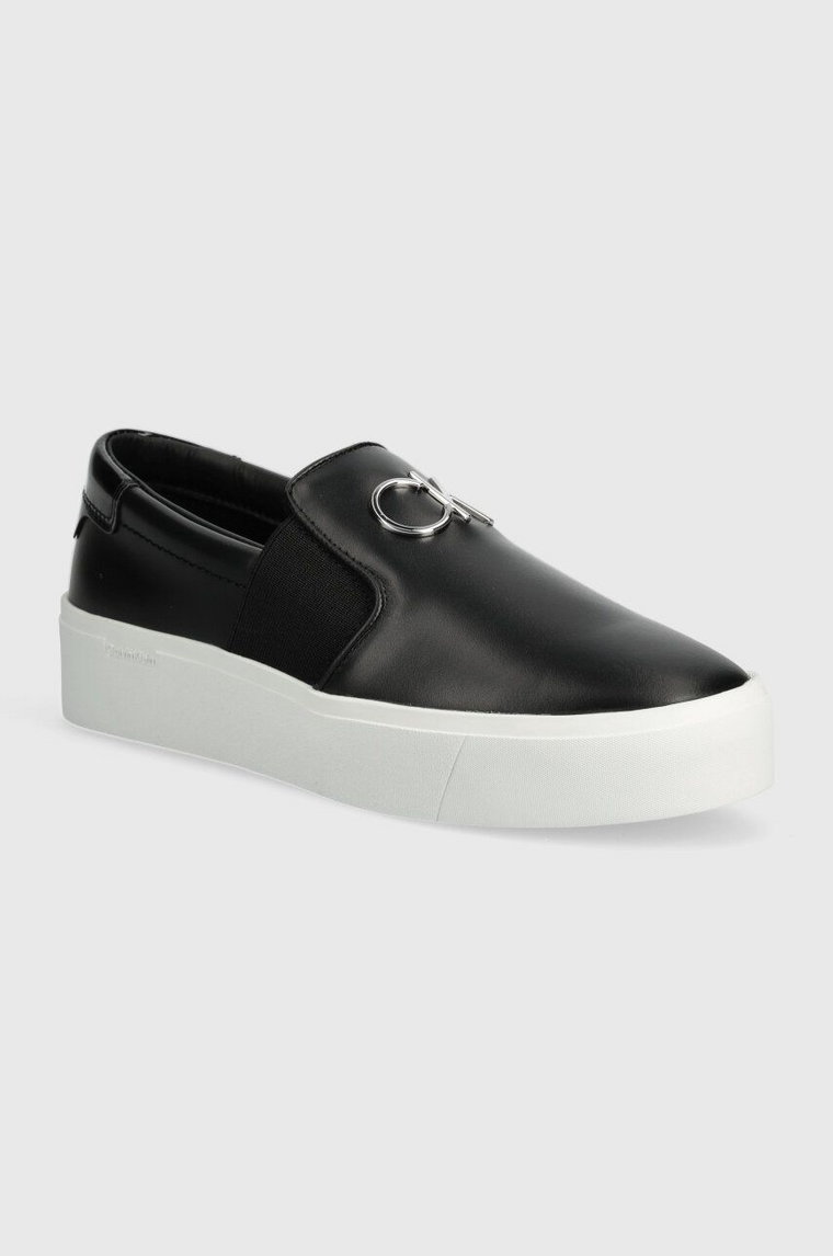 Calvin Klein tenisówki skórzane FLATFORM CUP SLIP ON RE LOCK LTH damskie kolor czarny HW0HW02057