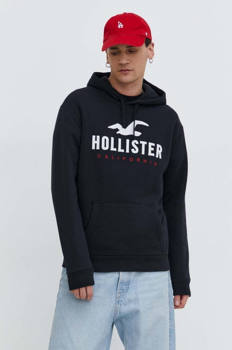 Hollister Co. bluza męska kolor czarny z kapturem z aplikacją