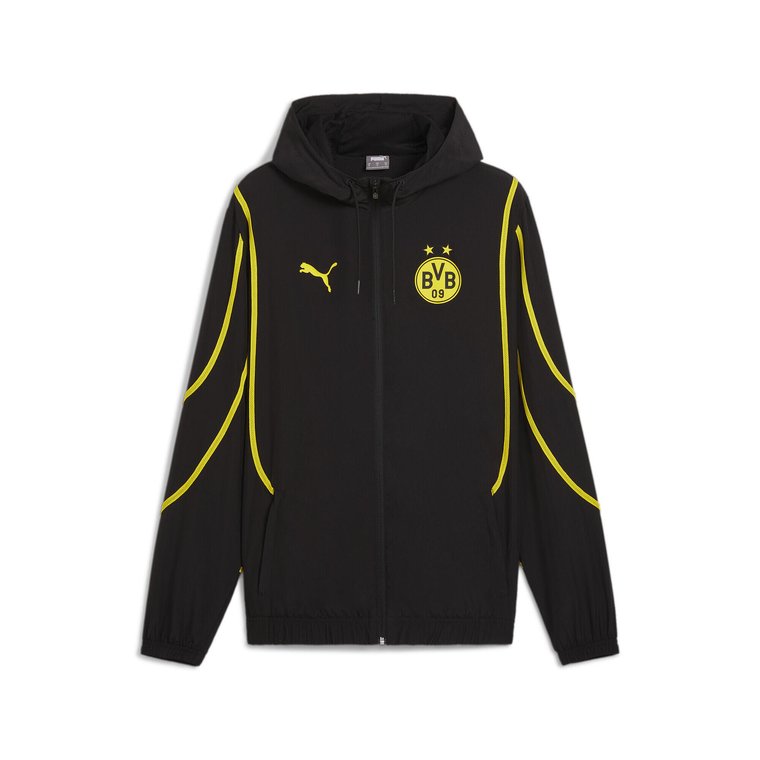 Męska kurtka przedmeczowa z tkaniny Borussia Dortmund PUMA Black Faster Yellow