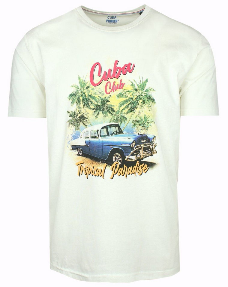 Męski T-Shirt marki Pioneer - Ecru, Nadruk ze Starym Samochodem