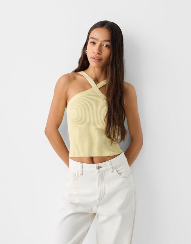 Bershka Top Z Wiskozy Z Dekoltem Halter Kobieta Xs Zielony