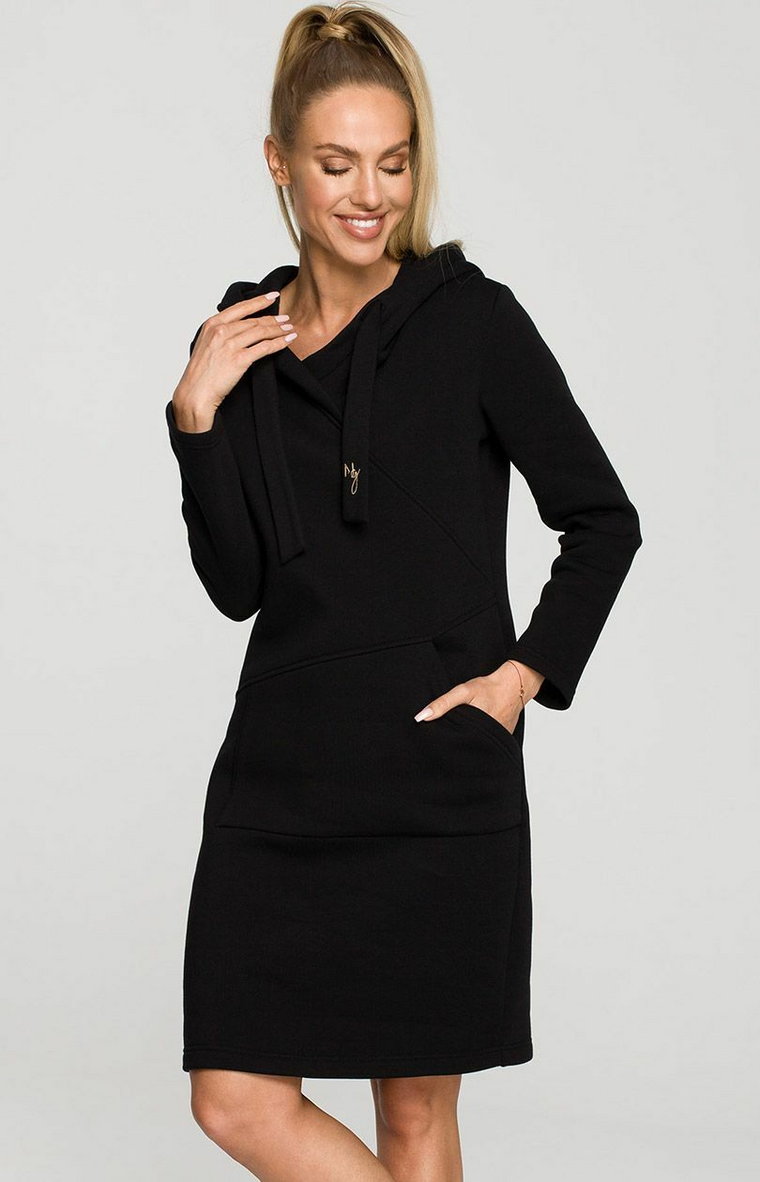 Czarna dresowa sukienka z kapturem i kieszenią M695, Kolor czarny, Rozmiar L, MOE