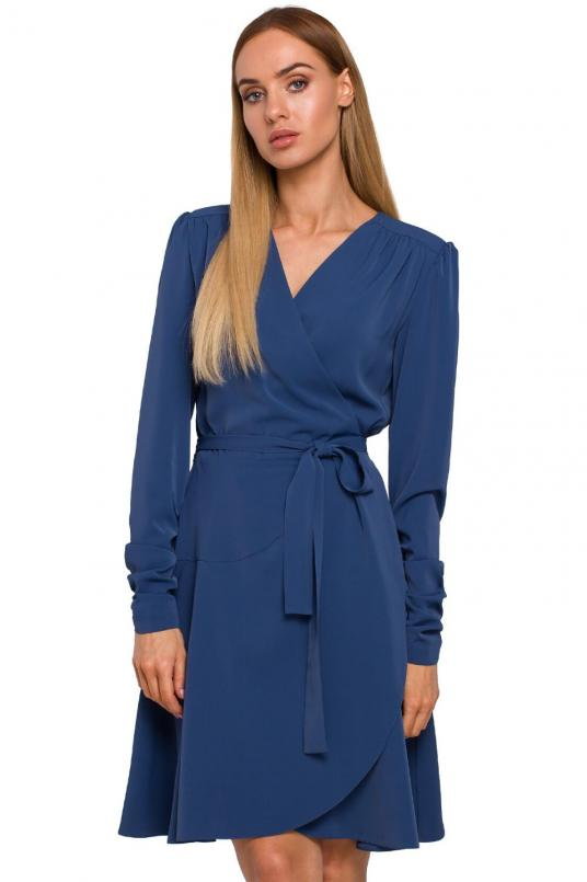 Sukienka elegancka wizytowa kopertowa wiązana w pasie niebieska