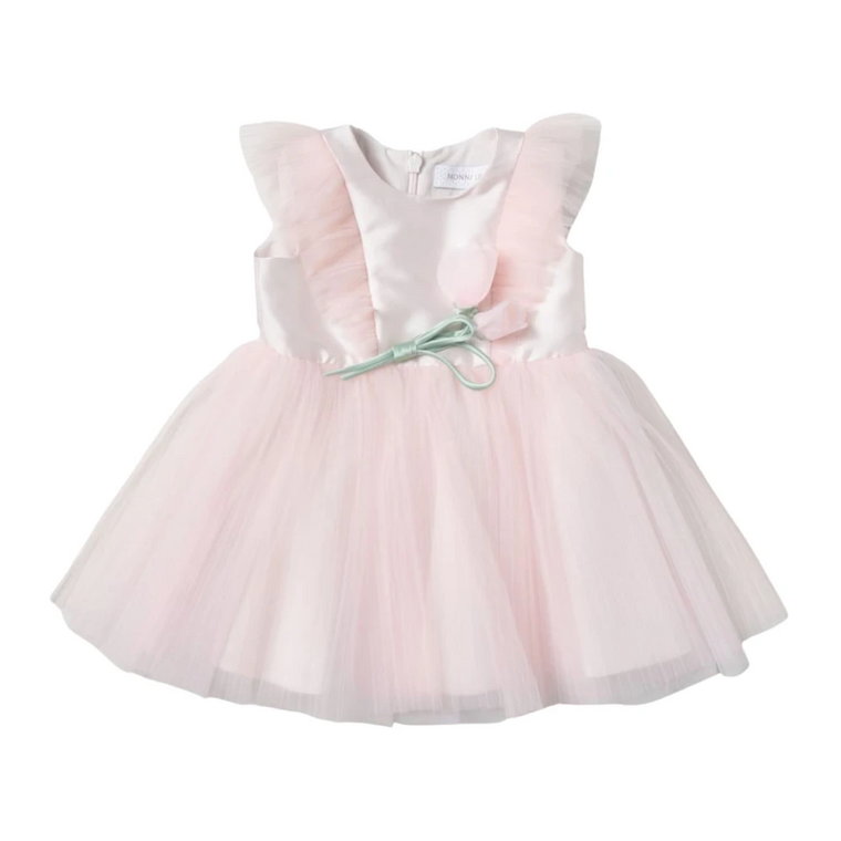 Różowa sukienka bez rękawów z plisowaną tiulową spódnicą i aplikacją kwiatową Monnalisa