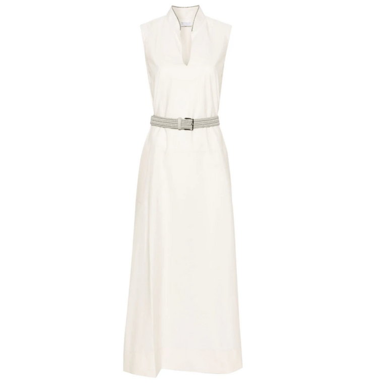 Biała Sukienka Maxi z Ozdobnymi Wstawkami Brunello Cucinelli