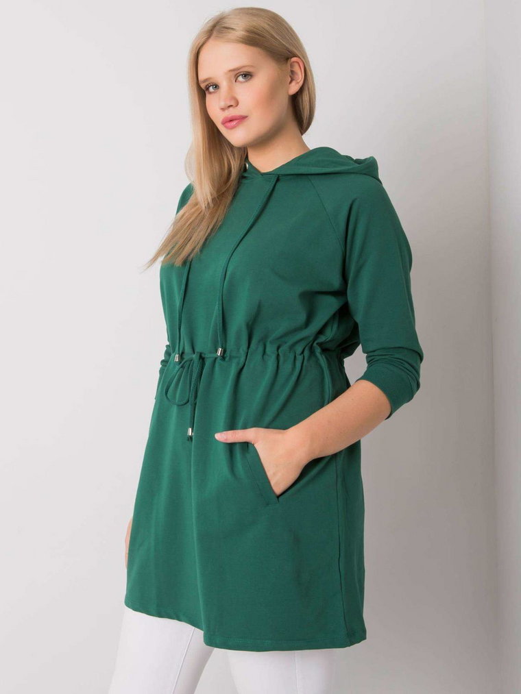 Bluza plus size ciemny zielony casual wkładane przez głowę z kapturem kaptur rękaw 3/4 kieszenie