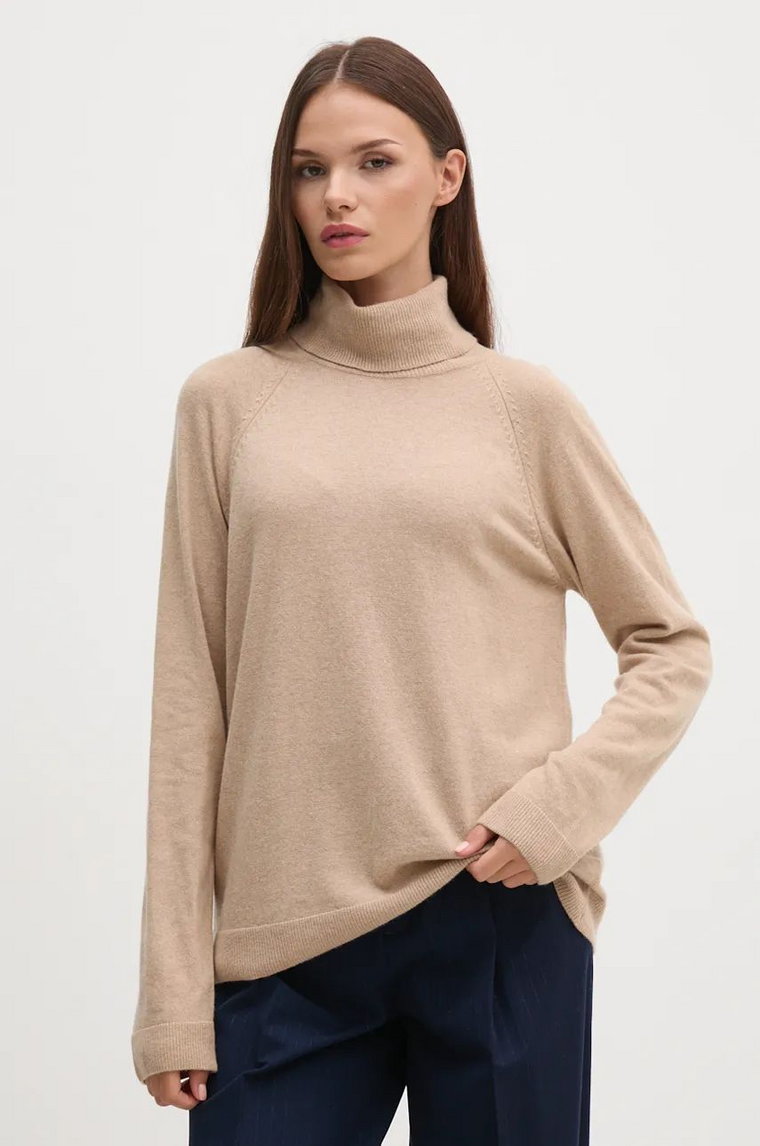 United Colors of Benetton sweter z domieszką wełny damski kolor beżowy lekki z golfem 1035D2551