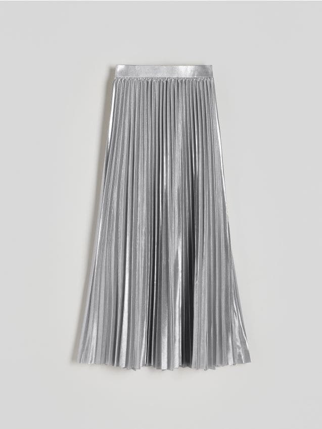 Reserved - Metalizowana spódnica midi z plisowaniem - srebrny