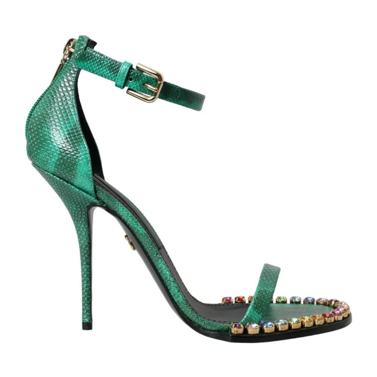 Egzotyczne Zielone Sandały ze Skóry Węża i Kryształami Dolce & Gabbana