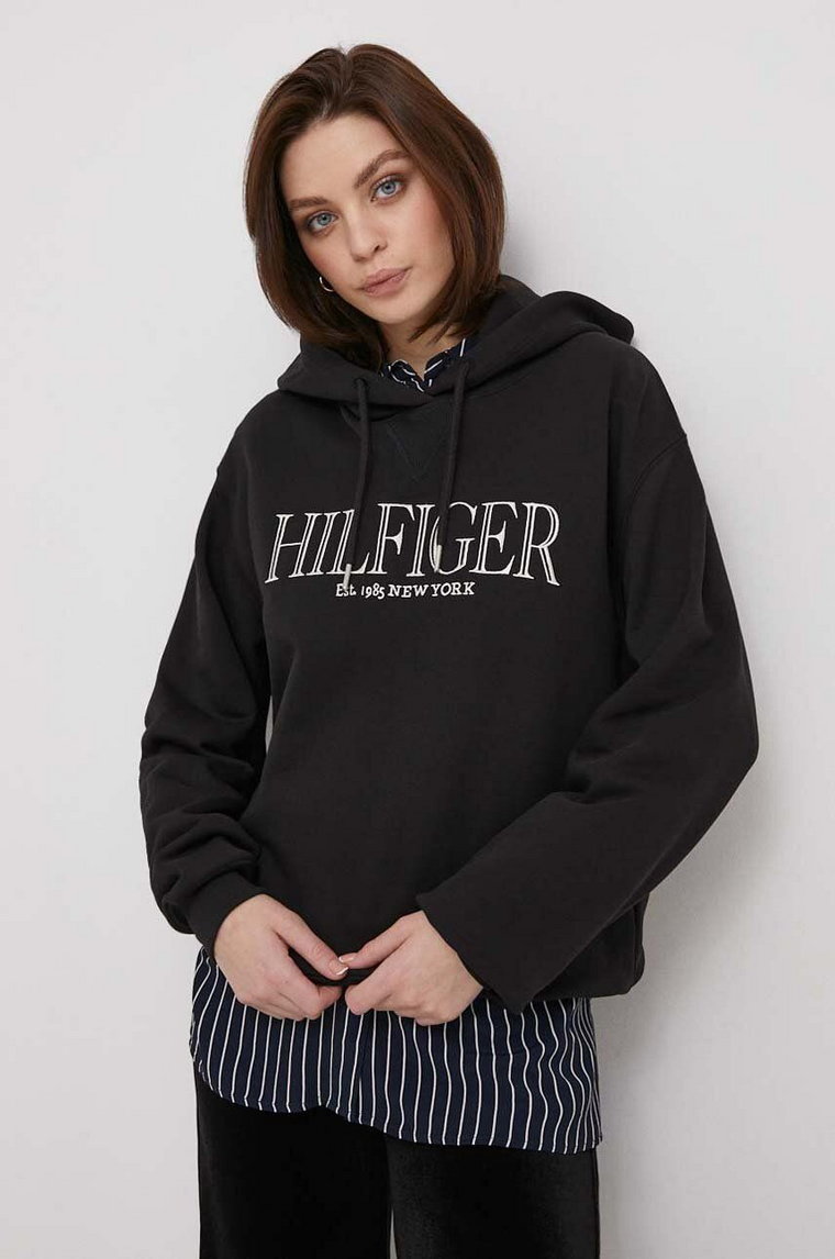 Tommy Hilfiger bluza bawełniana damska kolor czarny z kapturem z aplikacją