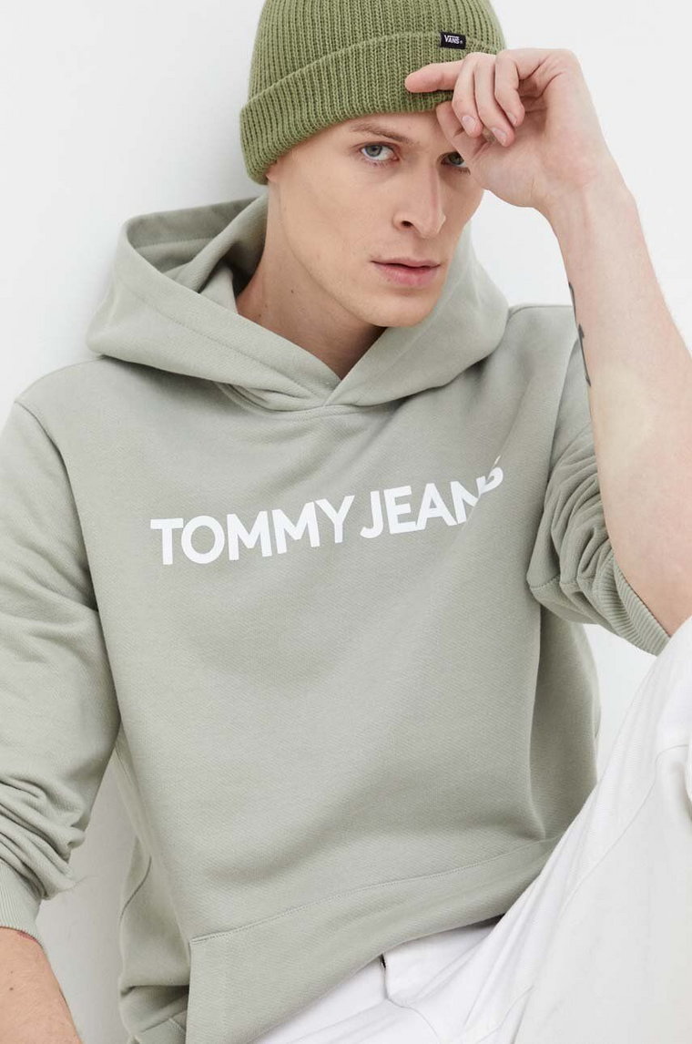 Tommy Jeans bluza bawełniana męska kolor zielony z kapturem z nadrukiem