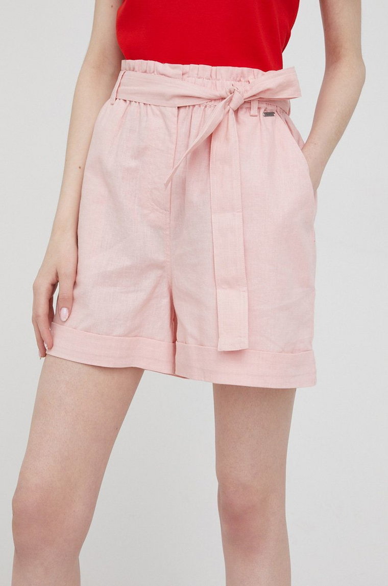 Pepe Jeans szorty z domieszką lnu MURIEL damskie kolor różowy gładkie high waist