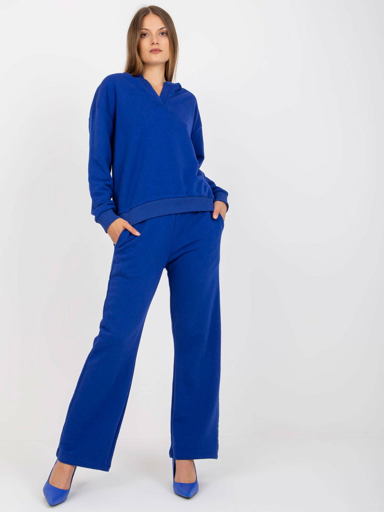 Komplet dresowy kobaltowy casual bluza i spodnie kaptur rękaw długi nogawka szeroka długość długa