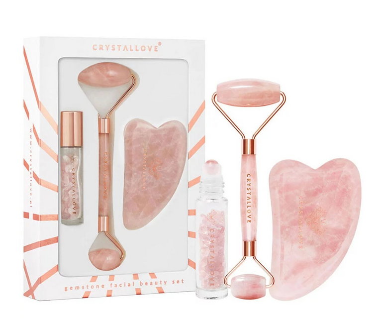 Crystallove Rose Quartz Beauty Set (Roller do twarzy + Płytka Gua Sha + Buteleczka Roll-On)