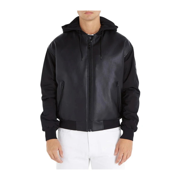 Czarny płaszcz z kapturem i rękawami od bluzy Calvin Klein
