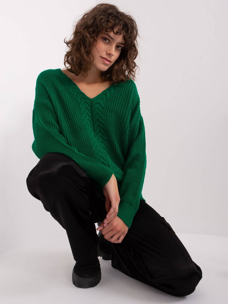 Sweter klasyczny ciemny zielony casual dekolt w kształcie V rękaw długi