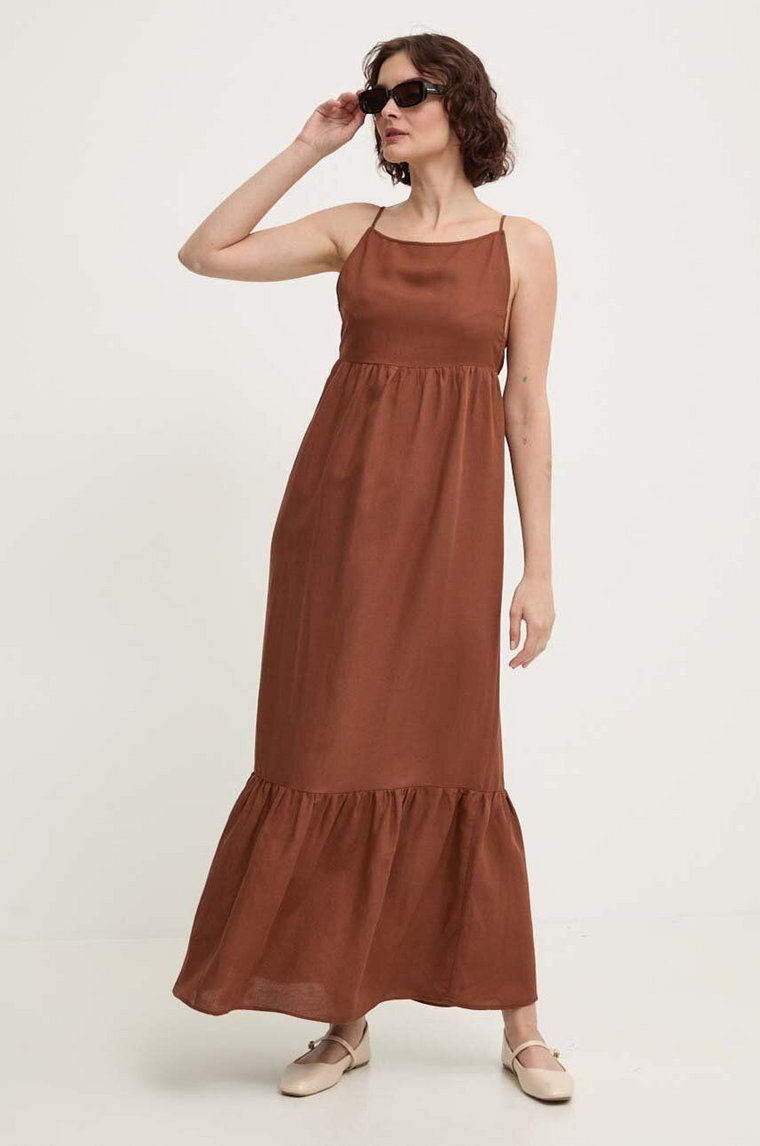 Answear Lab sukienka z lnem kolor brązowy maxi rozkloszowana
