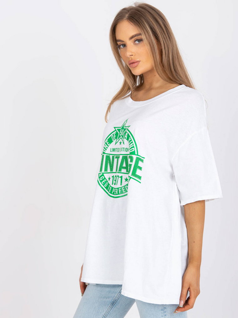 T-shirt z aplikacją biało-zielony casual długość długa dżety