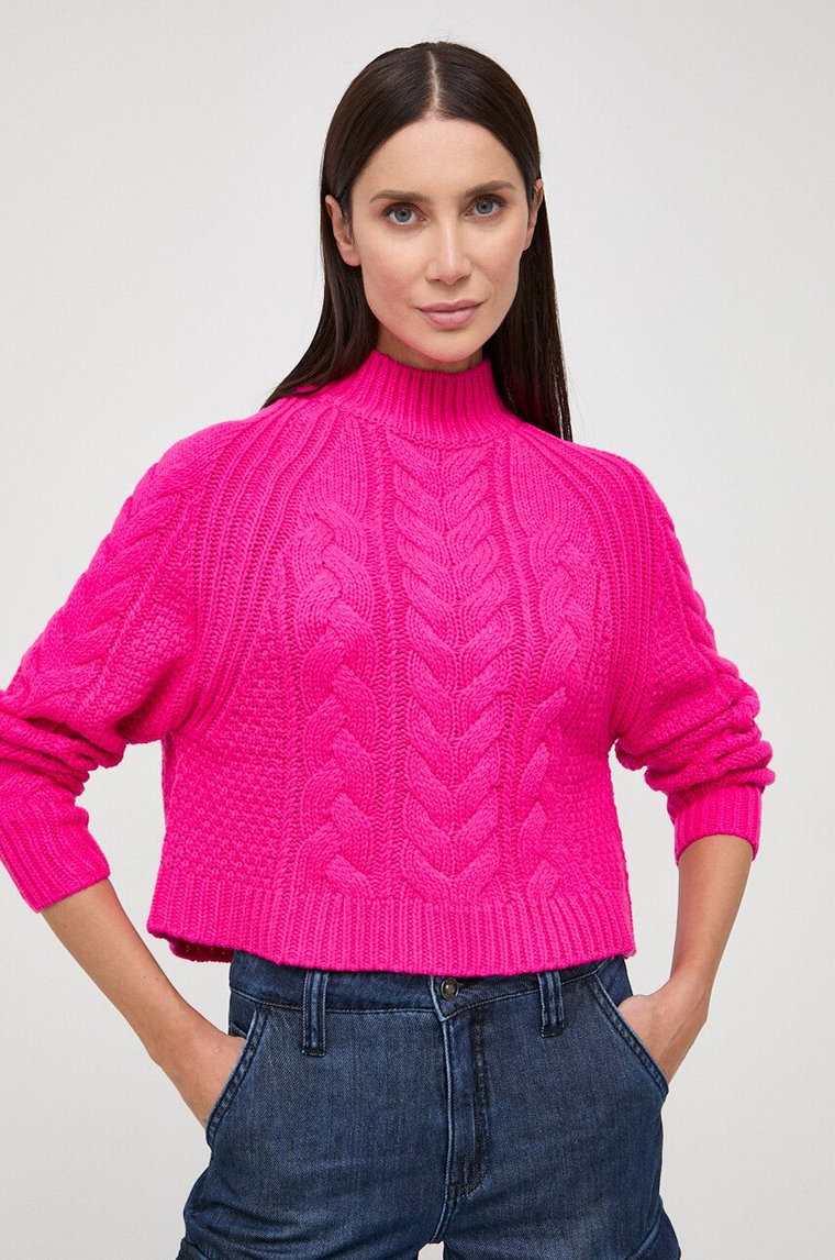 Morgan sweter z domieszką wełny MAVIA damski kolor różowy z półgolfem