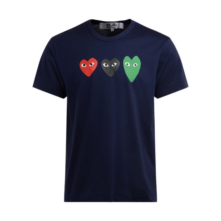 Niebieski T-shirt z wielobarwnymi sercami Comme des Garçons Play