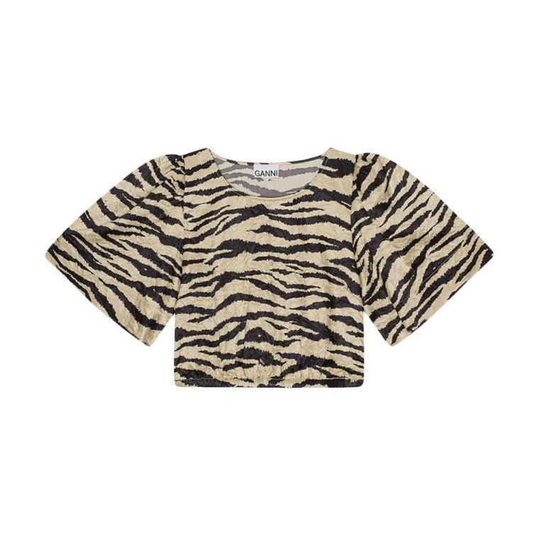 Zebra Print Zmarszczony Krótki T-Shirt Ganni