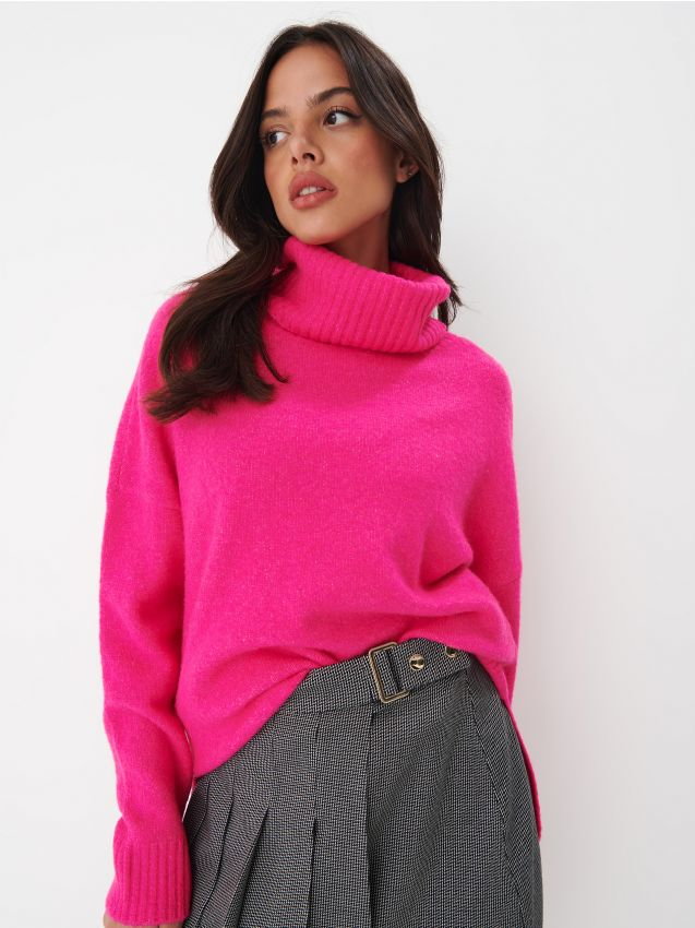 Mohito - Różowy sweter oversize z golfem - fuksjowy