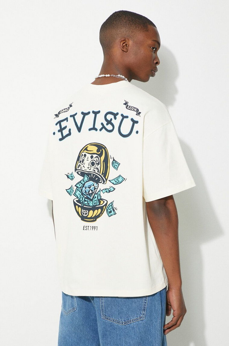 Evisu t-shirt bawełniany Diamond/Daruma Printed męski kolor beżowy z nadrukiem 2ESHTM4TS1074
