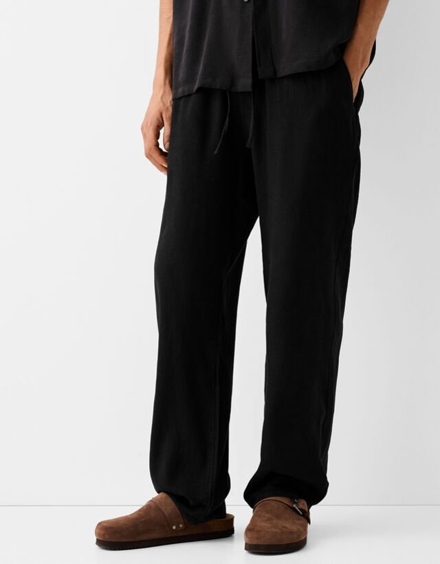 Bershka Spodnie Jogger Wide Leg Z Lnem Mężczyzna S Czarny