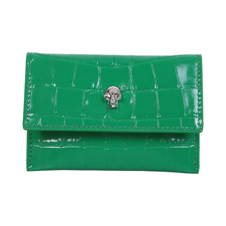 Zielony Portfel z Metalowym Czaszką i Efektem Skóry Krokodyla Alexander McQueen