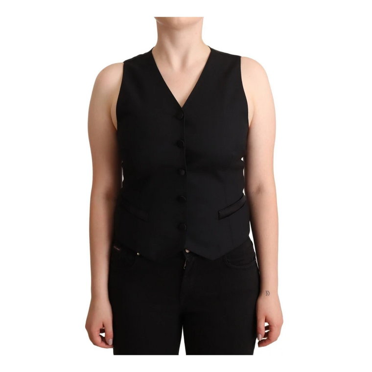 Black Button Down Sleeveless Viscose Vest Top Dolce & Gabbana