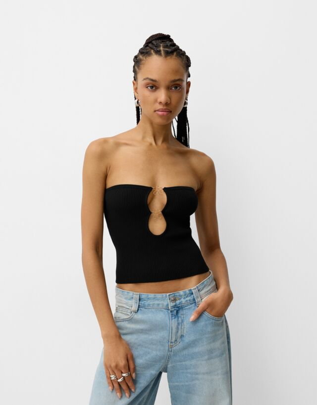 Bershka Top Bandeau Z Koralikami Kobieta M Czarny