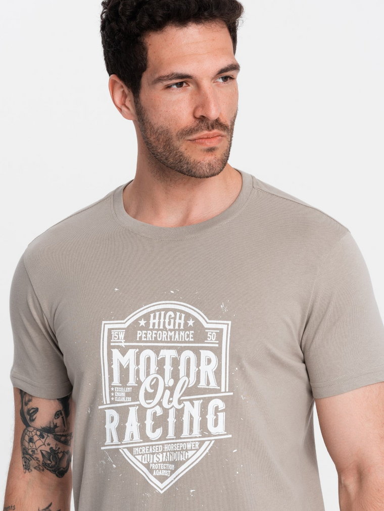 T-shirt męski z nadrukiem w stylu motocyklowym  popielaty V3 OM-TSPT-0125