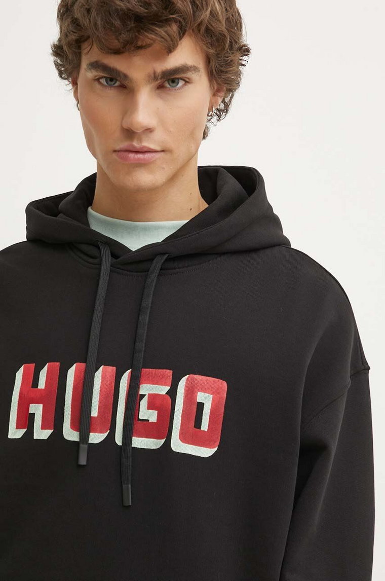HUGO bluza bawełniana męska kolor czarny z kapturem z nadrukiem 50516655