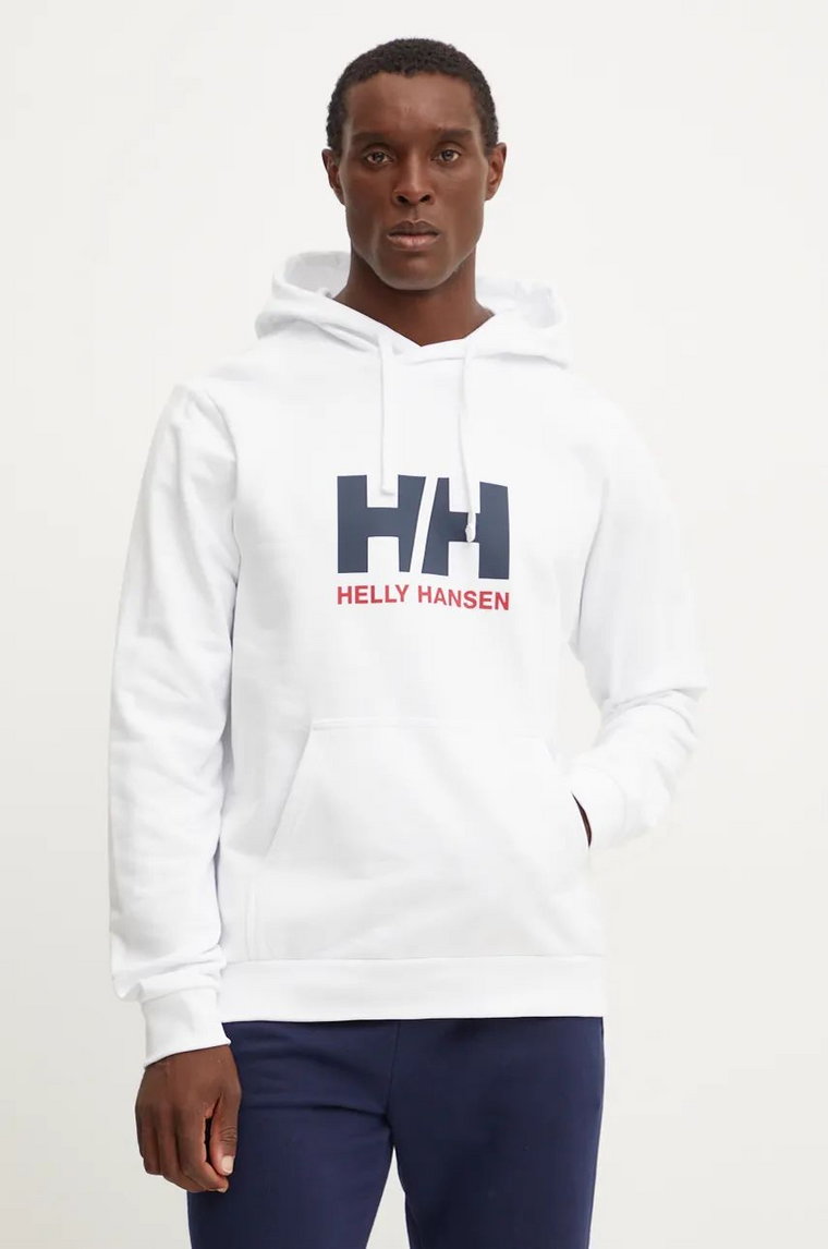 Helly Hansen bluza bawełniana HH LOGO męska kolor biały z kapturem z nadrukiem 30394