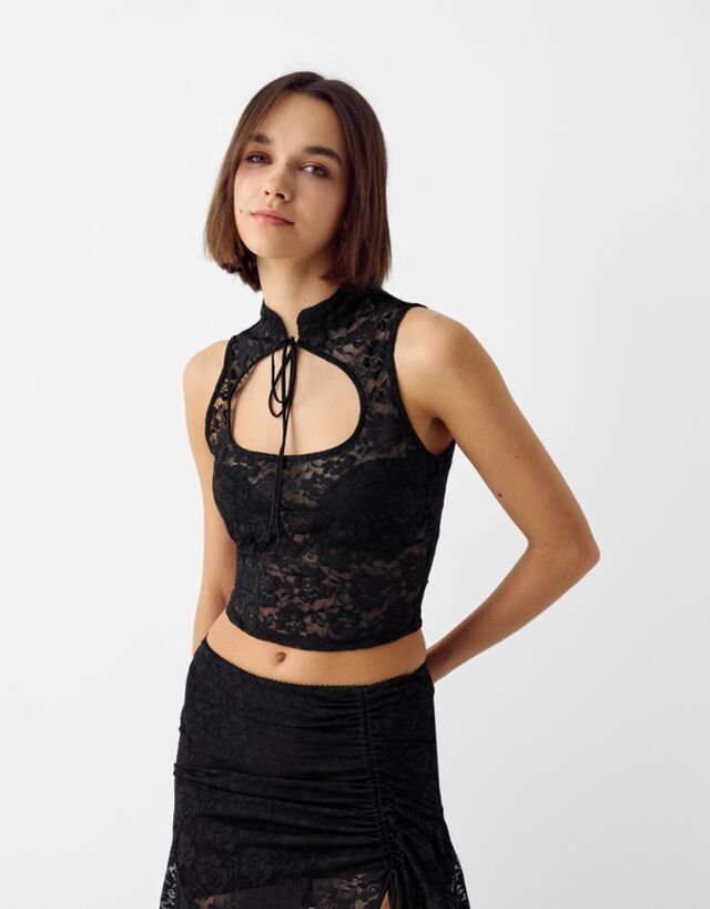 Bershka Koronkowy Top Kobieta S Czarny