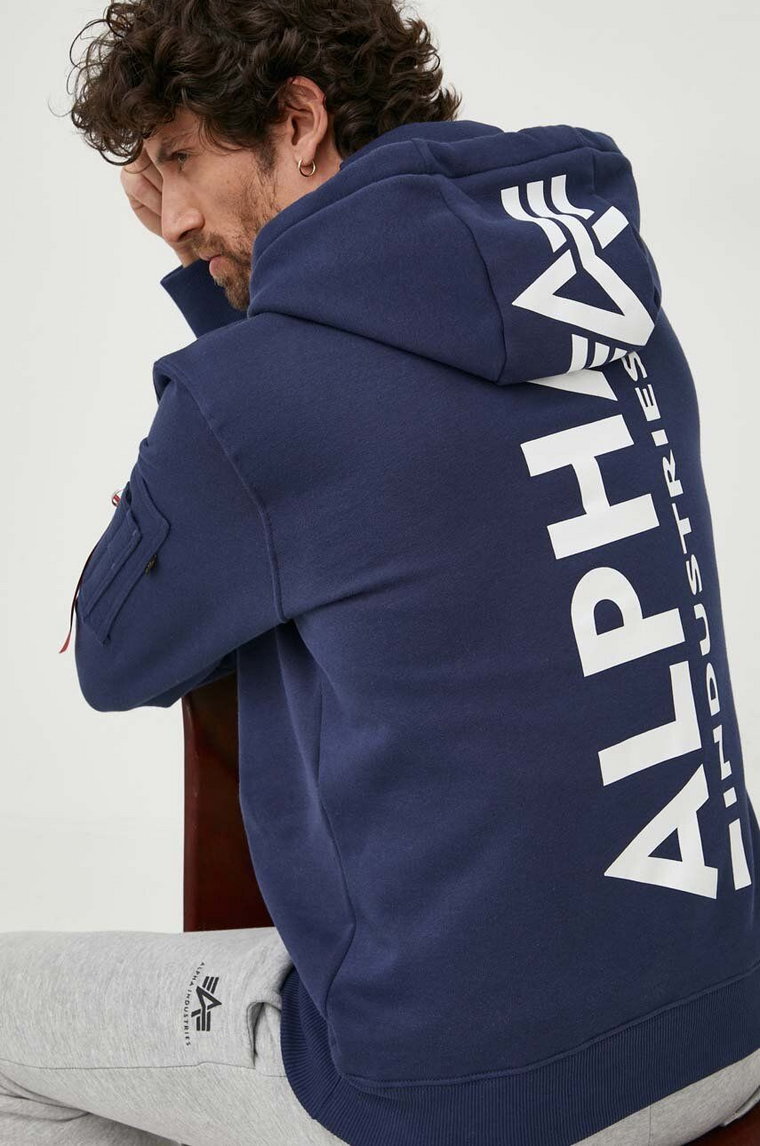 Alpha Industries bluza męska kolor granatowy z kapturem z aplikacją