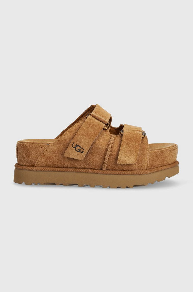 UGG klapki zamszowe Goldenstar Hi Slide damskie kolor brązowy na platformie 1155458