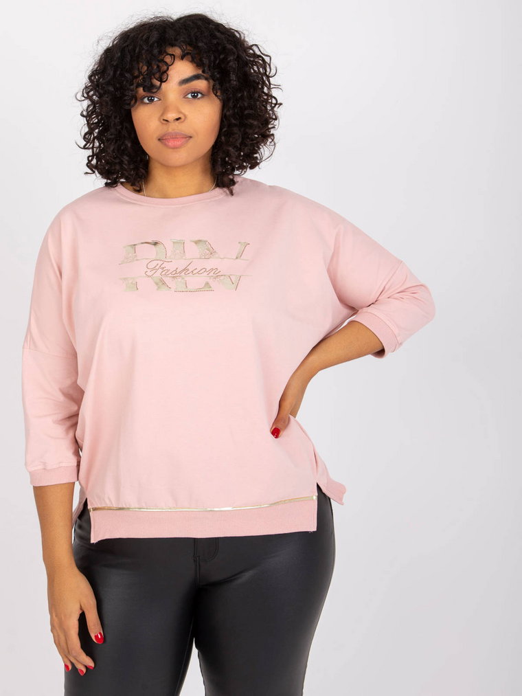 Bluzka plus size jasny różowy casual dekolt okrągły rękaw 3/4 dżety