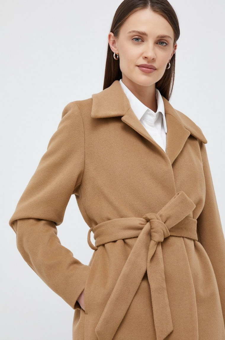 Calvin Klein płaszcz wełniany kolor brązowy przejściowa