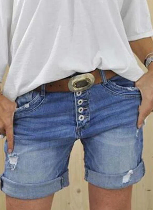 Spodenki jeansowe na guziki z podwijaną nogawką