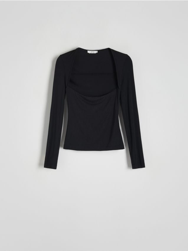 Reserved - Bluzka z kwadratowym dekoltem - czarny