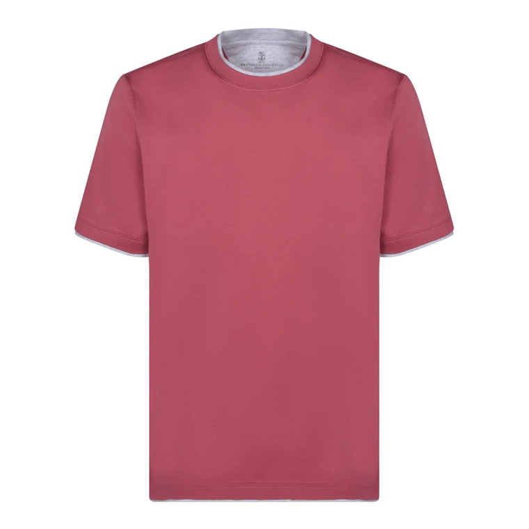 Czerwony Bawełniany T-shirt Okrągły Dekolt Krótkie Rękawy Brunello Cucinelli