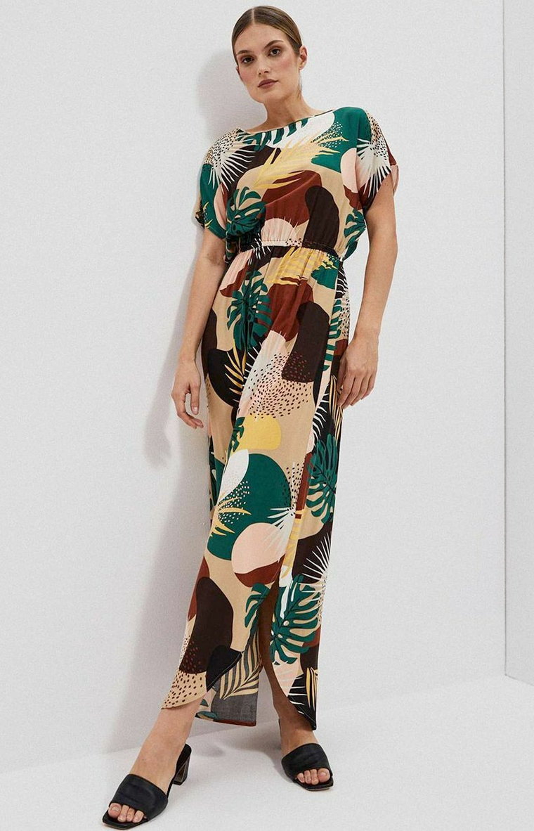 Wzorzysta sukienka maxi w tropikalny wzór 4010, Kolor beżowo-zielony, Rozmiar S, Moodo