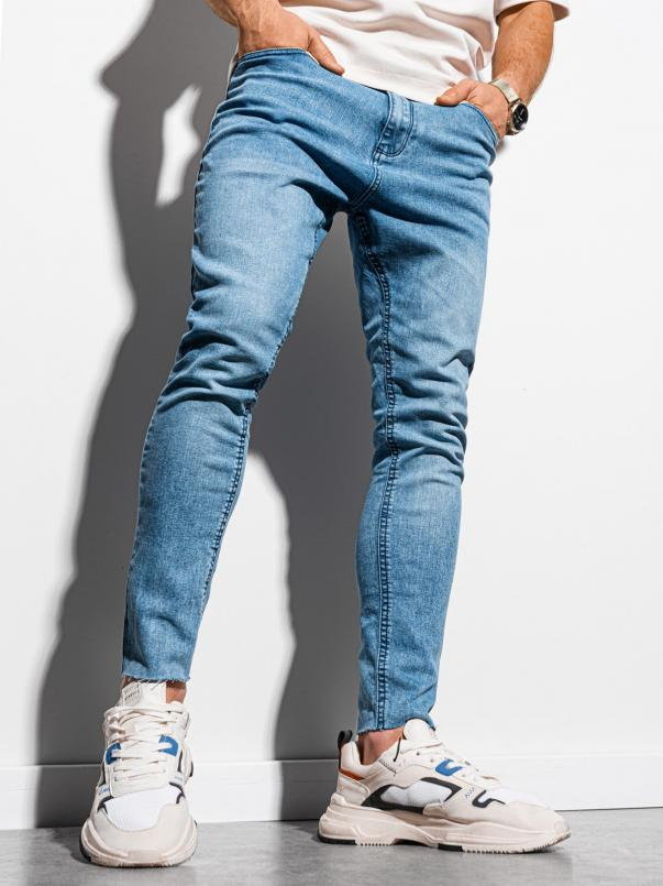 Spodnie męskie jeansowe marmurkowe z surowo wykończoną nogawką SLIM FIT -  jasnoniebieskie V2 OM-PADP-0146