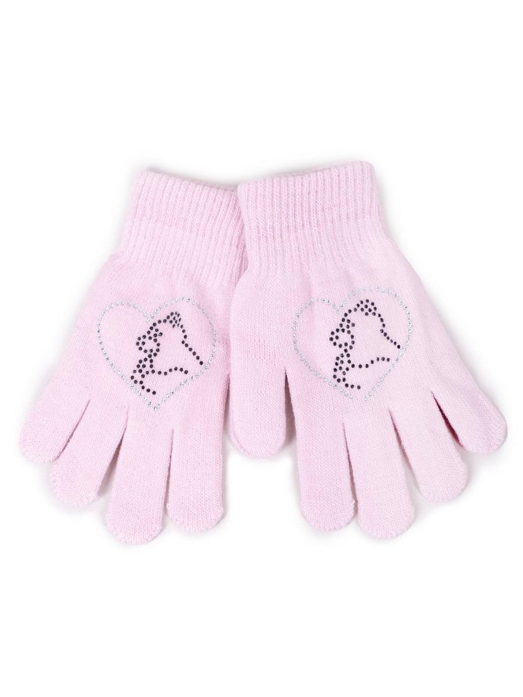Rękawiczki dziewczęce pięciopalczaste z jetami różowe z misiem 16 cm YOCLUB