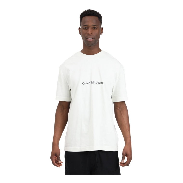 Męski Kremowy T-shirt z Logo i Obrzeżami Calvin Klein Jeans