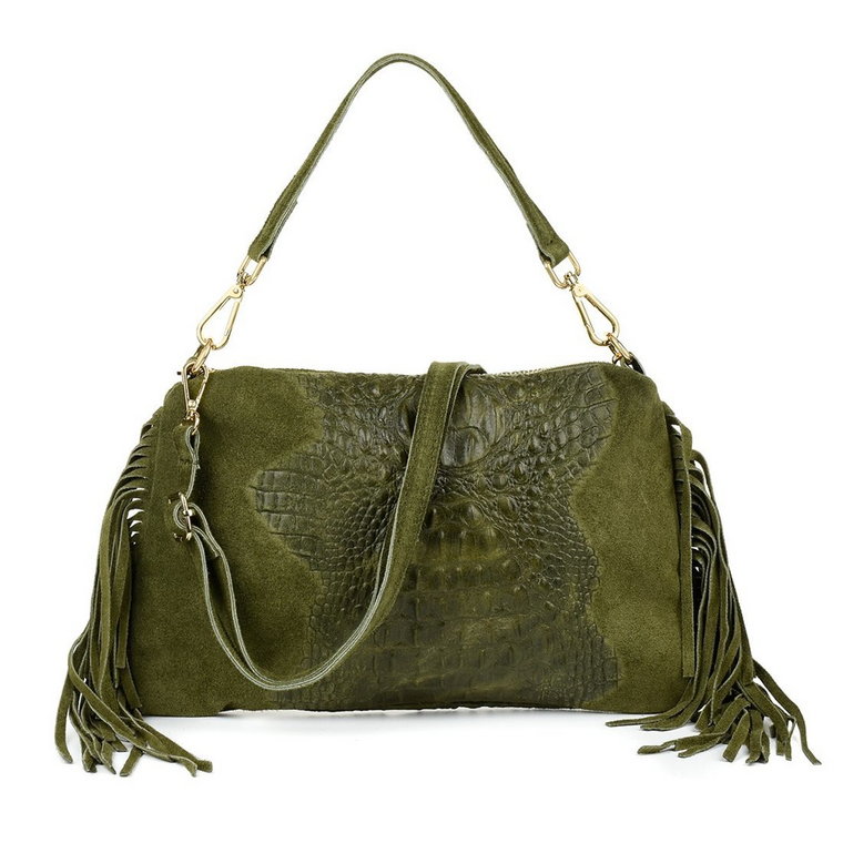 Zielona damska włoska skórzana torebka frędzel pozioma Z24